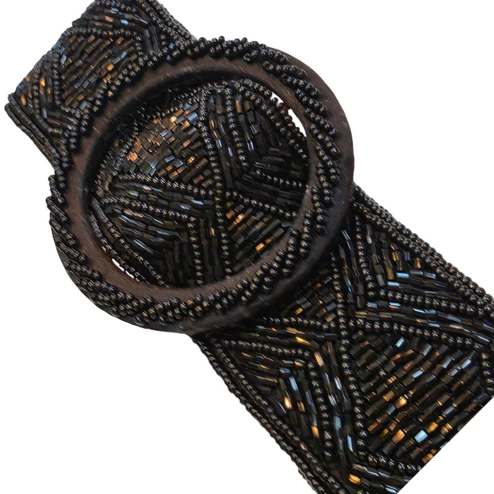 La Regale Vintage Black Beaded Geometric Diamond Round Buckle Belt Size M